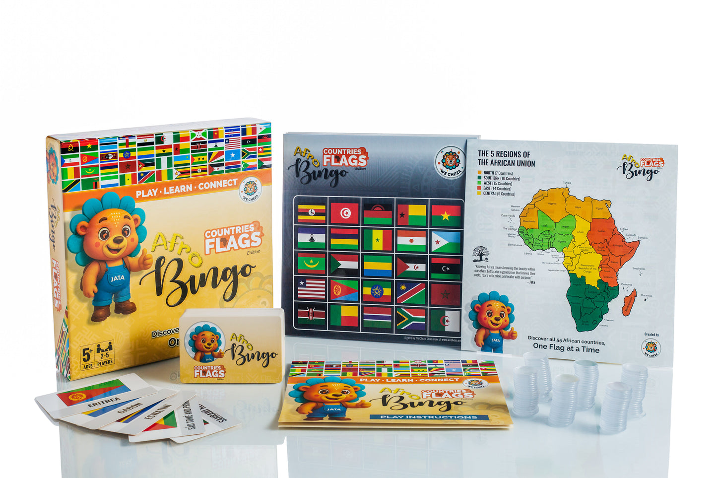 Flags Bingo educational game set with player cards, caller cards, instructions sheet, reference sheet, and chips on a white background