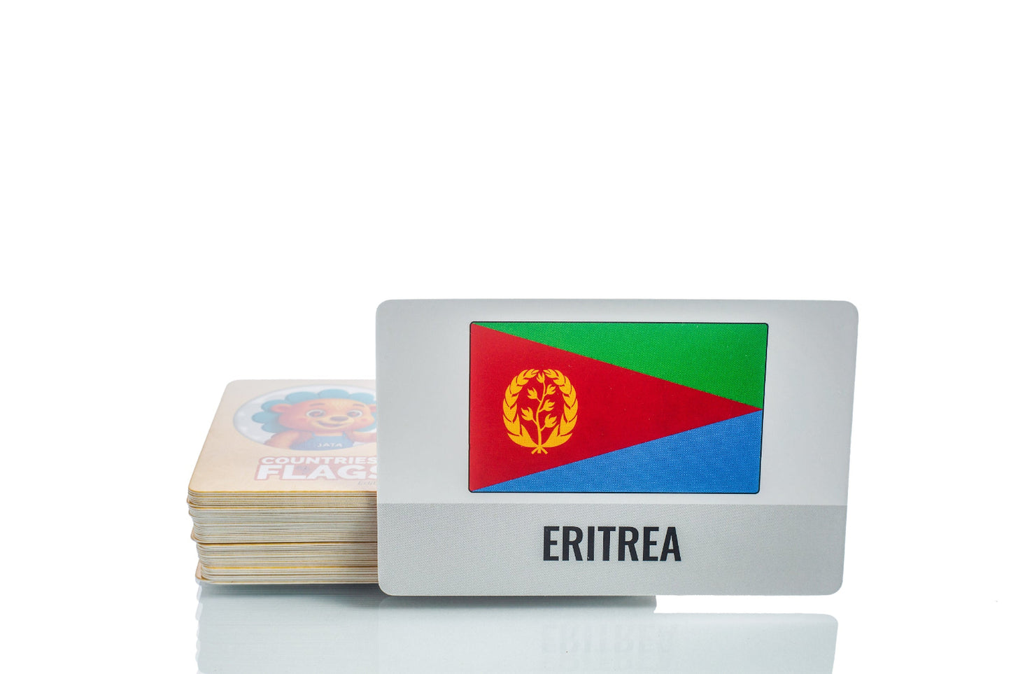 Stack of AfroBingo caller cards with Eritrea flag on a white background