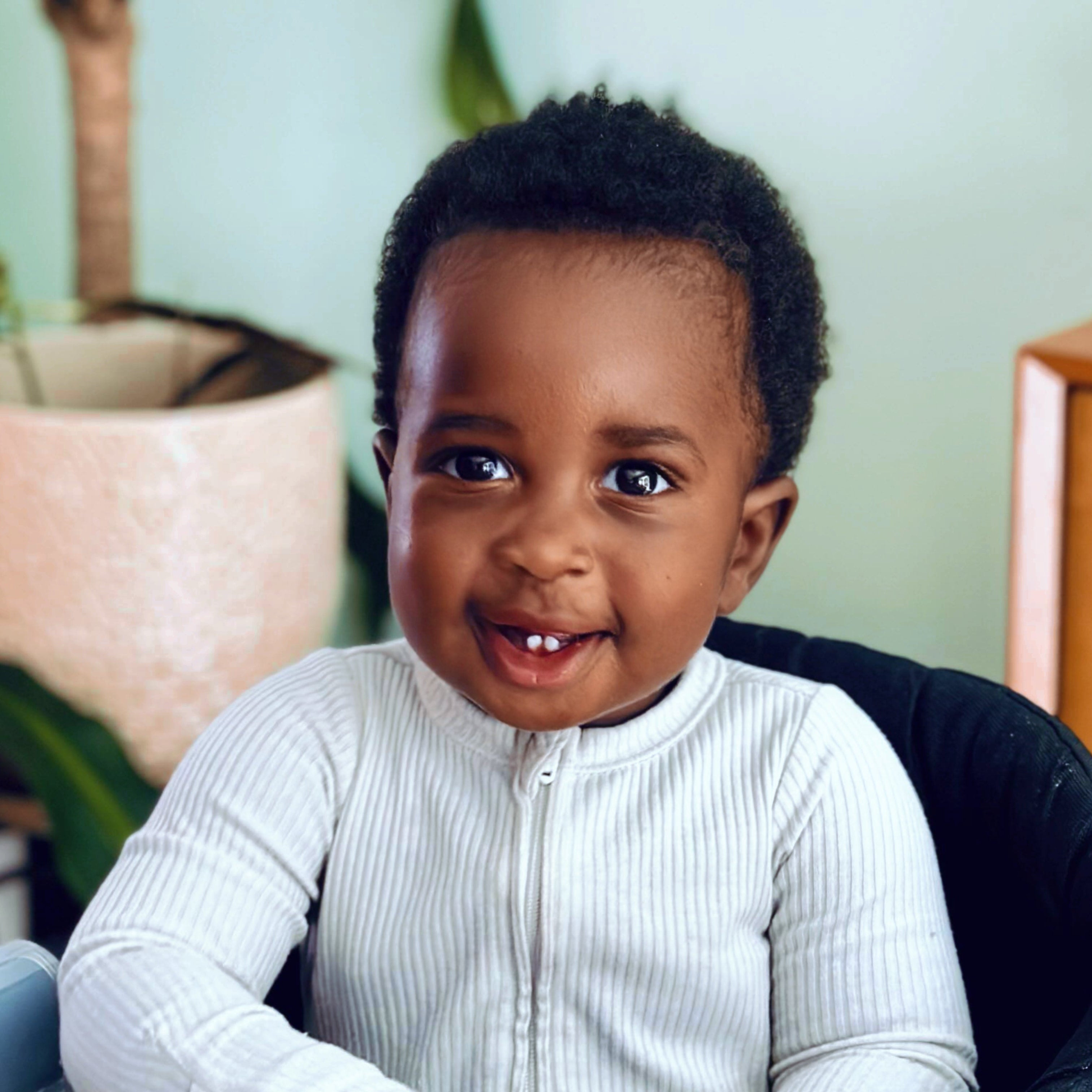 Child sitting in a chair with a plant and wooden cabinet in the background