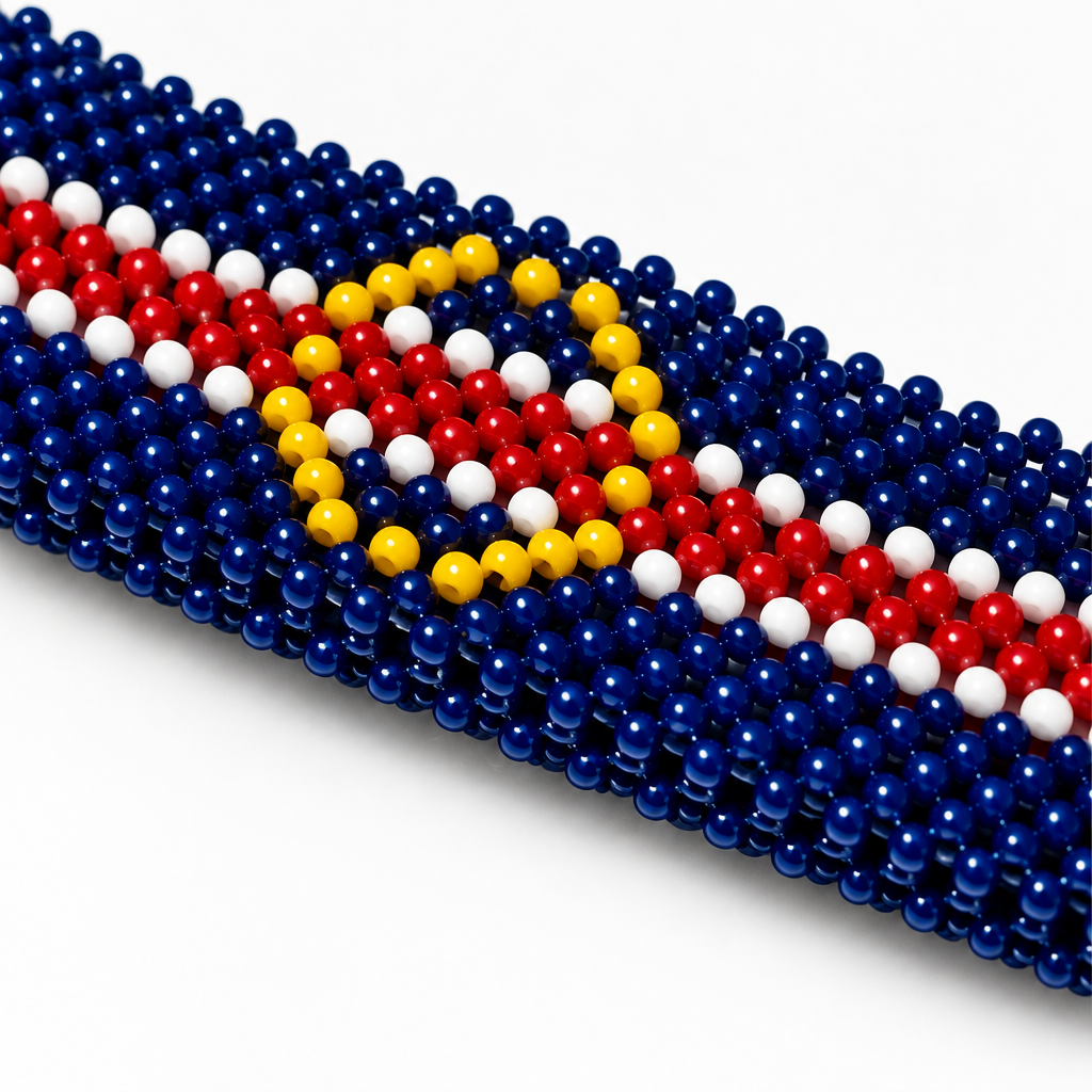 Close-up of handmade Cape Verde beaded bracelet showing yellow stars and detailed blue, white and red beadwork