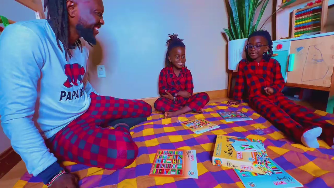 Load video: Parents and kids playing AfroBingo together at home.